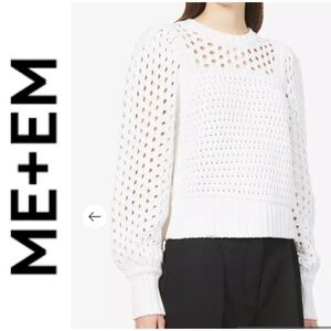 ME+EM Ivory White Puff Sleeve Loose Crochet Knit Crewneck Chunky Cotton Sweater